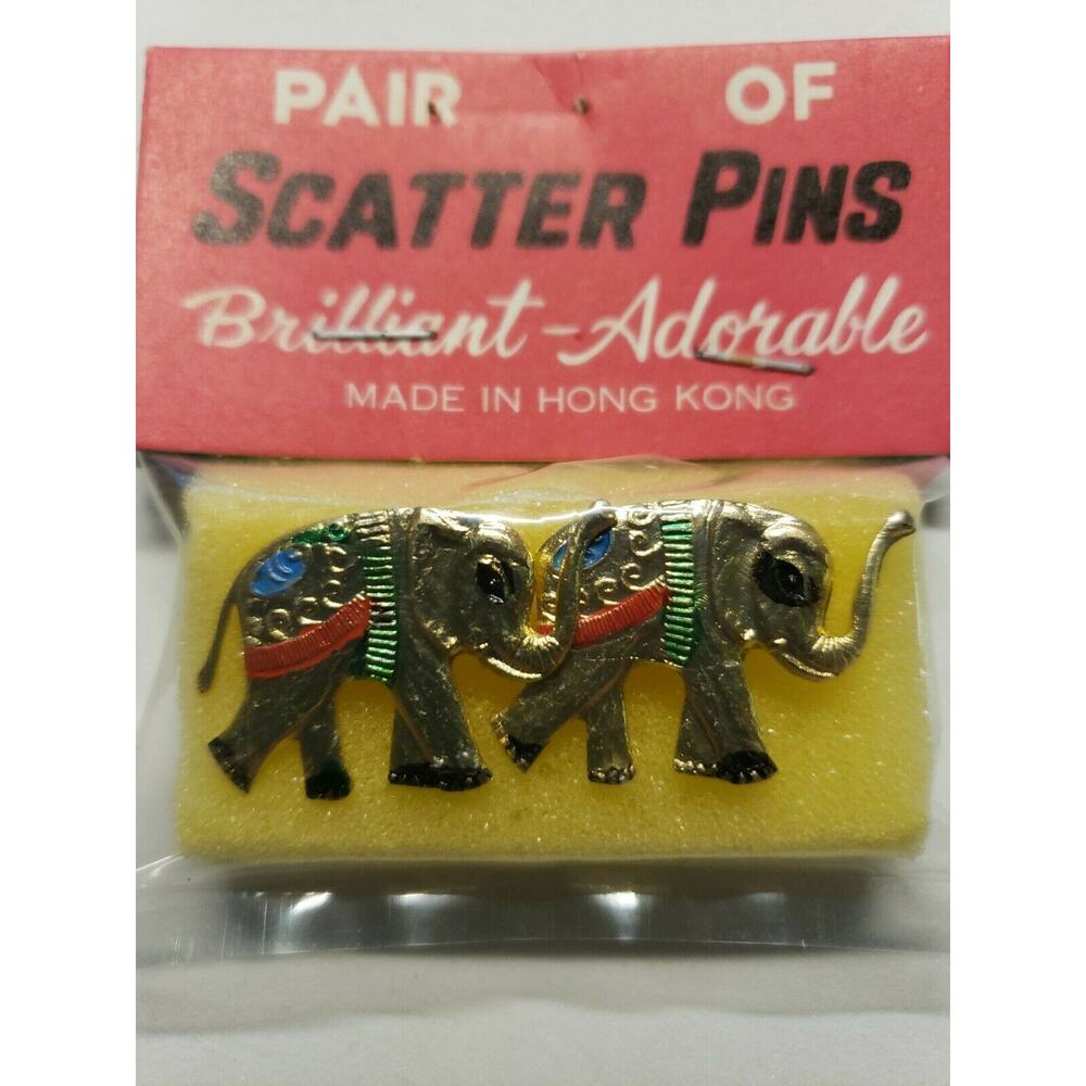 Vintage Brooches Pair of‎ Elephants Enamel Scatter Pins New Old Stock B-6